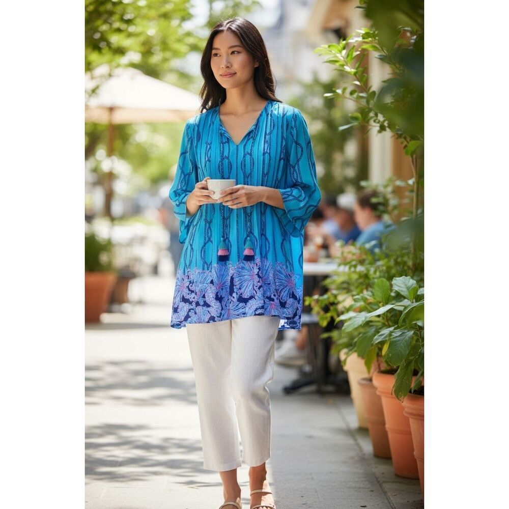 Lilly Pulitzer Blue Pink Rope Print Tassel Tunic Top Blouse Boho Resort Medium